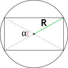 Площадь прямоугольника через радиус описанной окружности и угол между диагоналями